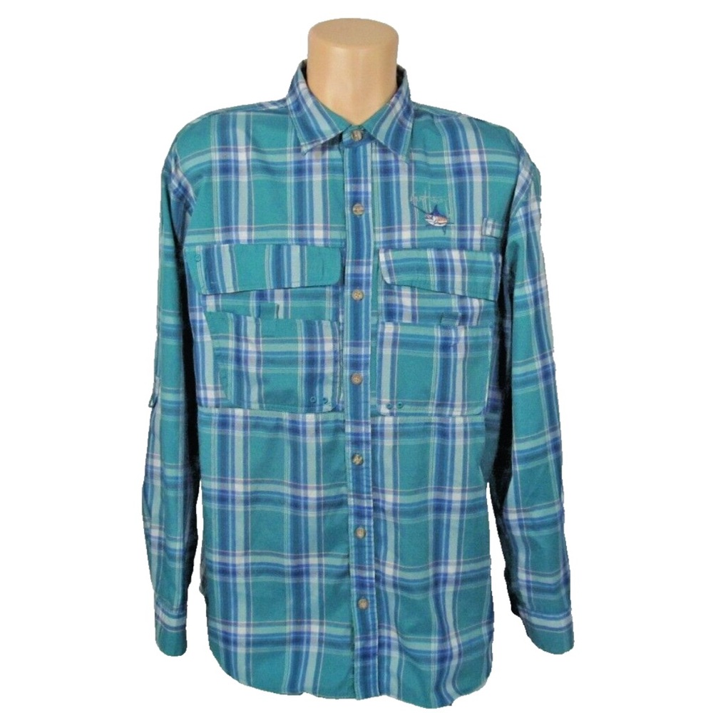 GUY HARVEY‎ APTCO Men L Multicolor Plaid 4-Pocket Fishing Shirt Side-Vented Back